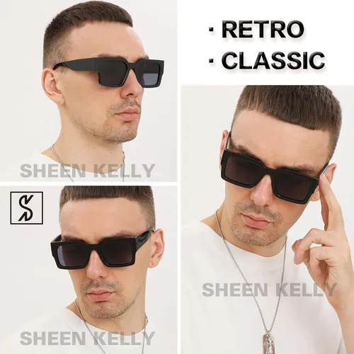 Vista 5 de SHEEN KELLY Lentes de sol cuadrados retro para hombres y mujeres, lentes de moda rectangulares tintados, a la moda, tonos negros de los años 90