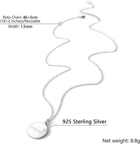 Vista 5 de SILVERCUTE Custom Initial Disc Necklace 925 Sterling Silver Minimalist Personalized CircleHeart Pendant Text Engravable with NameDateLocations Medal