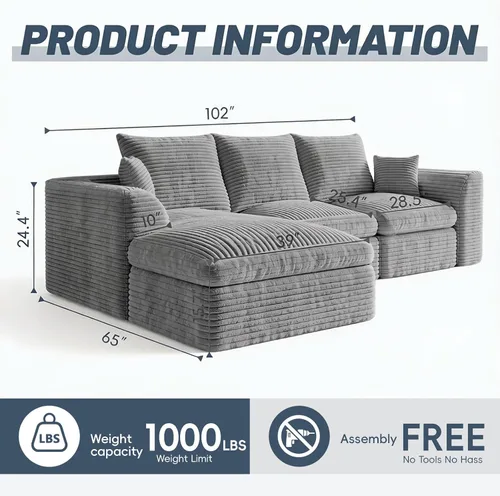 Vista 2 de Sofá modular modular de 106 pulgadas con asiento profundo, sofá de pana en forma de L con diván reversible, juego de 3 piezas para sala de estar Gris