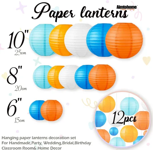 Vista 3 de Juego de linternas de papel azul y naranja (12 piezas) - Faroles colgantes de 6/8/10 pulgadas para fiestas de dibujos animados, eventos deportivos