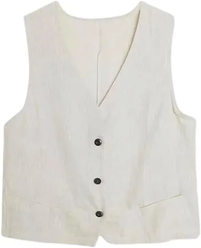 Vista 5 de IDEALSANXUN Chaleco de lino de algodón para mujer, blazer casual sin mangas