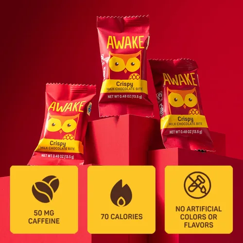 Vista 3 de AWAKE - Bocaditos de chocolate con cafeína - Chocolate con leche crujiente, 50 piezas - 50 mg de cafeína - Dulces envueltos individualmente