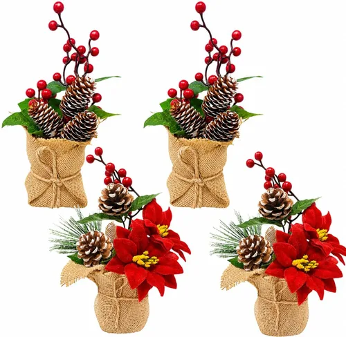 Vista 10 de BANBERRY DESIGNS Juego de 2 centros de mesa navideños para mesas, arreglos de mesa navideños con piñas, bayas rojas y vegetación, plantas rústicas