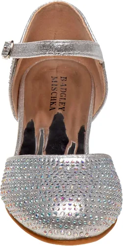 Vista 4 de Badgley Mischka Zapatos de tacón medio para niñas, tacón medio, con correa de tobillo cerrada, tacones altos para niña, color negro, plateado