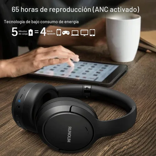 Vista 3 de RUNOLIM - Audífonos híbridos con cancelación activa de ruido, inalámbricos con Bluetooth, con micrófono, 70 horas de reproducción, plegables