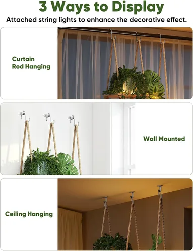 Vista 4 de ROSSNY Estante para plantas con tira de guirnalda LED de vid, estantes para plantas de ventana de 5 niveles, soporte para plantas colgante y montado
