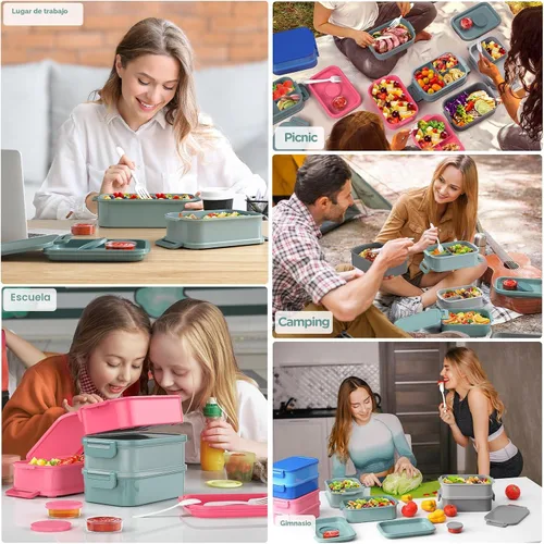 Vista 4 de DaCool Lonchera Bento para adultos, caja Bento de 74 onzas, contenedor apilable todo en uno para adultos, caja Bento grande con tenedor, cuchara