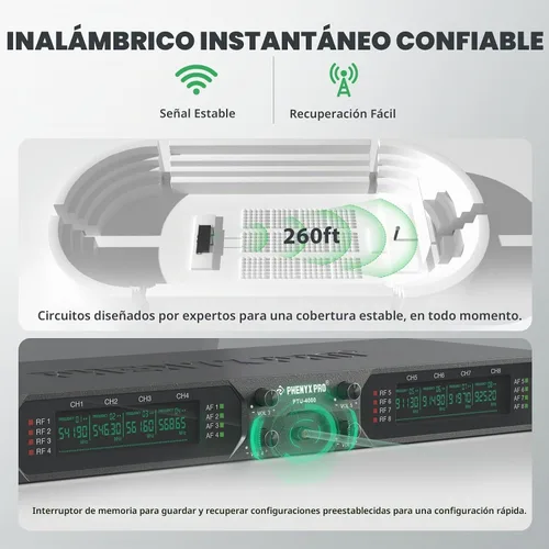 Vista 5 de Phenyx Pro Sistema de micrófono inalámbrico, micrófono inalámbrico UHF de 8 canales con micrófonos inalámbricos de mano de metal, micrófono dinámico