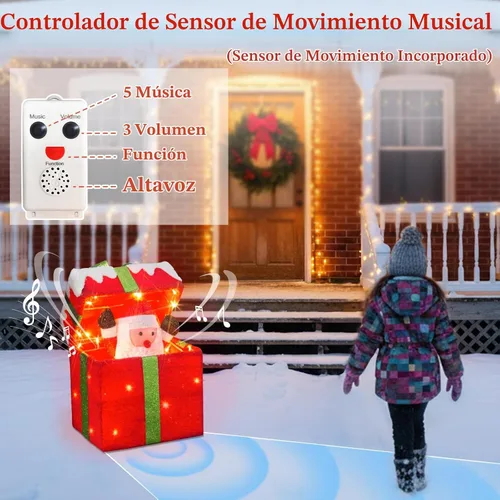 Vista 2 de PEIDUO Papá Noel de Navidad animado en caja de regalo iluminada, luces decorativas de música navideña con sensor de movimiento, decoraciones
