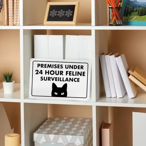 Vista 2 de Señal de Gato de 24 Horas de Vigilancia Felina de Premises Under 24 Hour - Cartel de gato divertido, metal, 8 x 12 pulgadas, letreros de gato