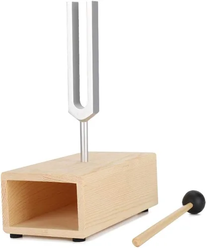 Vista 9 de Diapasón, martillo de diapasón, diapasón de afinación 440Hz, herramientas de percusión, martillo de madera, herramienta de sonido. Estante