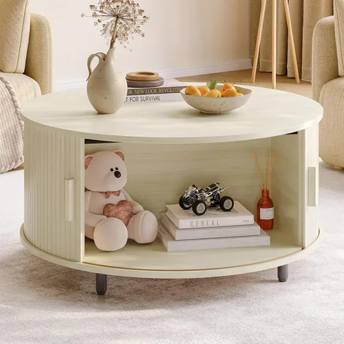 Vista 9 de ONBRILL Mesa Redonda de Café con Almacenamiento, Mesa Moderna de Café de 31.5" con Puerta Deslizante Curvada de 360°, Mesa Redonda de Centro