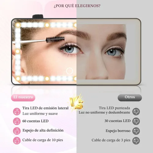 Vista 3 de Espejo de tocador con visera solar para automóvil, espejo de maquillaje recargable con 60 LED, 3 modos de luz y control táctil regulable