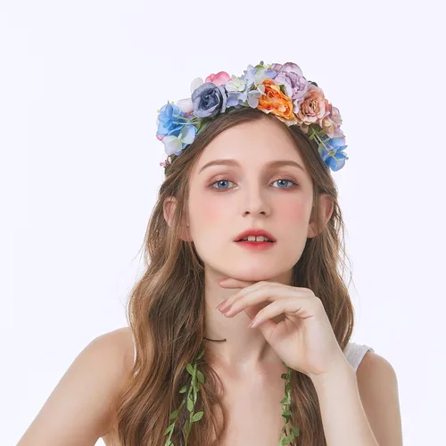 Vista 2 de Diadema de flores ajustable, guirnalda floral, corona de flores, halo, tocado bohemio con cinta, fiesta de boda, talla única