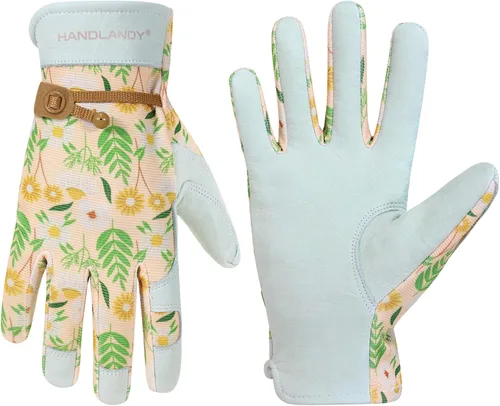 Vista 20 de HANDLANDY Guantes de trabajo para mujer, guantes de jardinería de cuero transpirable para mantenimiento de patio, protección de manos con pantalla