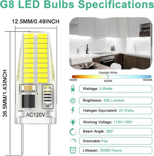 Vista 3 de Bombilla LED G8 regulable, 120V 20W 25W T4 JCD Tipo Base Bi-Pin, reemplazo de halógeno para iluminación de casquillo bajo gabinete, luz blanca