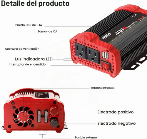 Vista 3 de Inversor de corriente NDDI POWER 400W, adecuado para teléfonos móviles, computadoras portátiles, etc. DC 12V to 110V AC Car Plug Adapter Socket, 2