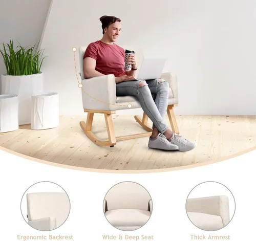 Vista 8 de S AFSTAR Mecedora, silla tapizada de tela con marco de madera resistente y asiento acolchado, sillón moderno para sala de estar (beige)