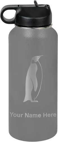 Vista 48 de LaserGram Botella de agua personalizada, pingüino, acero inoxidable de doble pared aislada al vacío con popote superior, regalo grabado
