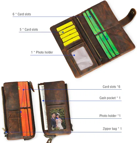 Vista 5 de Genuino Caballo Loco De Cuero De Viaje De Regalo De La Moneda De La Tarjeta De Bolsillo De La Caja Larga Organizador Cadena Rfid Monedero Con Snap