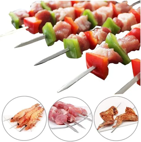 Vista 5 de Paquete de 12 brochetas Kabob para barbacoa, de acero inoxidable, resistentes, grandes, anchas, reutilizables, con mango de anillo antideslizante
