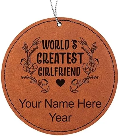 Vista 8 de LaserGram Personalized Christmas Ornament, World's Greatest Girlfriend, Faux Leather, Custom Laser Engraved Gift Idea (Round Shape, Black with Gold)