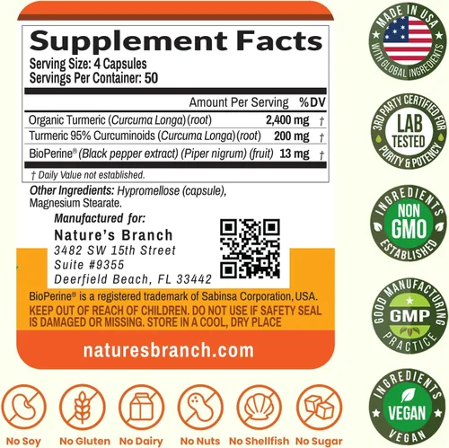 Vista 6 de Curcumina de cúrcuma con pimienta negra BioPerine 2600mg - para hombres y mujeres Organic Turmeric Power, Turmeric Supplement For Joints, 95%