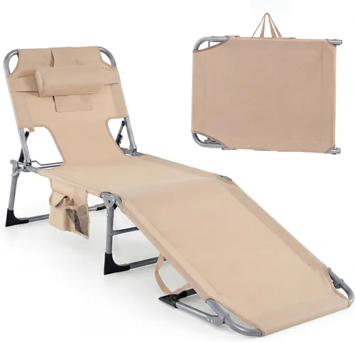Vista 17 de Tangkula Silla de bronceado con agujero frontal, plegable y ajustable para patio, silla reclinable, para playa, tomar el sol, con bolsillo lateral