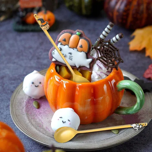 Vista 7 de Hemoton Juego de 4 cucharas de café con colgante de Halloween de acero inoxidable para mezclar té, azúcar y helado