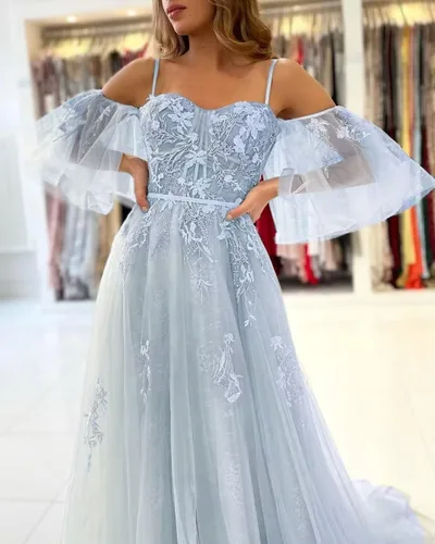 Vista 2 de pfectdy Vestidos de fiesta de tul con tirantes delgados, apliques de encaje, vestidos de baile con manga hinchada para mujer, vestidos de fiesta