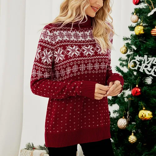 Vista 5 de Suéter de Navidad para mujer, diseño de copo de nieve, suéter de punto suave, cuello alto, estampado, ropa de Navidad