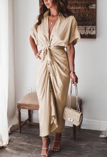 Vista 4 de Linsery Vestido camisero fruncido con botones para mujer, elegante vestido largo con cinturón