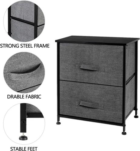 Vista 5 de Mueble de mesa de noche con 2 cajones, torre de almacenamiento de mesa auxiliar, marco de acero resistente, parte superior de madera, cubos de tela