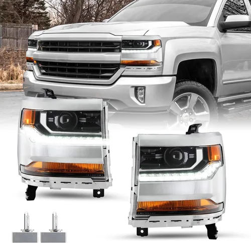 Vista 13 de Ensamble de faro HID/Xenón SOCKIR Compatible con Chevy Silverado 1500 2016-2019/19 Chevy Silverado 1500 LD [con bombilla HID D5S] con DRL LED