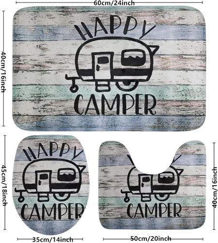 Vista 3 de Syhonic Juego de alfombras de baño de 3 piezas, alfombra de baño Happy Camping, tapete de contorno y funda para asiento de inodoro, tapetes de baño