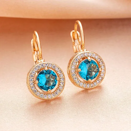 Vista 6 de Aretes redondos con halo de cristal austriaco para mujer, chapados en oro rosa de 14 quilates, joyería hipoalergénica, Metal Cristal, cristal