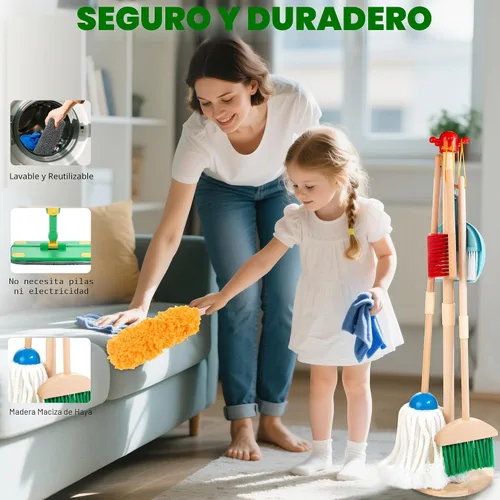Vista 5 de WOODMAM Juego de Limpieza de Madera para Niños con Trapeador Rociador, Juguetes de Limpieza Montessori con Rociador de Agua Real y Juego