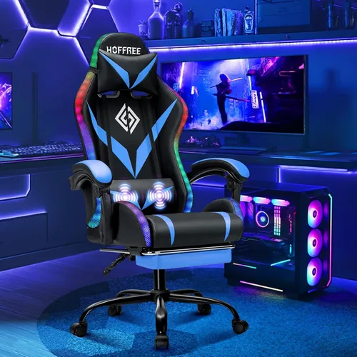 Vista 2 de Silla RGB para videojuegos con masaje y luces LED, ergonómicas, con reposapiés, respaldo alto, silla reclinable para computadora con soporte lumbar