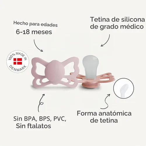 Vista 3 de FRIGG Butterfly Anatomical SilkySoft - Chupete de silicona para bebé, fabricado en Dinamarca, sin BPA (rubor/cedro, 6-18 meses)