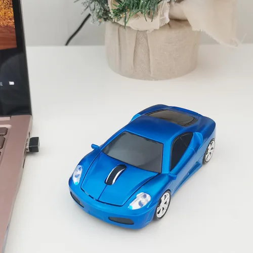 Vista 7 de Ratón inalámbrico para coche, ratón deportivo en forma de auto para computadora, laptop, PC, Mac con luz LED (azul)