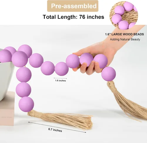Vista 58 de OMISHE Guirnalda de cuentas de madera extra grande con cuentas de madera y borlas de 1.6 pulgadas de diámetro, cuentas decorativas rústicas de 41