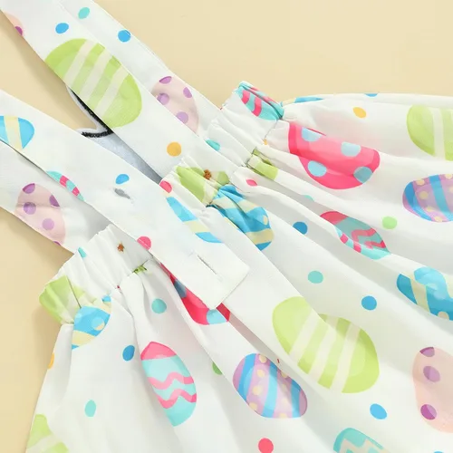 Vista 6 de Adobabirl Vestido de Pascua para niña recién nacida, mameluco de manga corta con conejo, huevos de Pascua, falda con tirantes, diadema