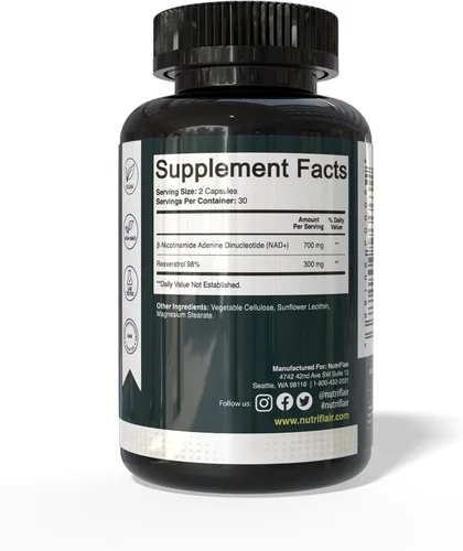 Vista 2 de NutriFlair Suplemento liposomal NAD+ con resveratrol 1000 mg por porción, 60 cápsulas – Alta absorción, sin OMG, fabricado en Estados Unidos