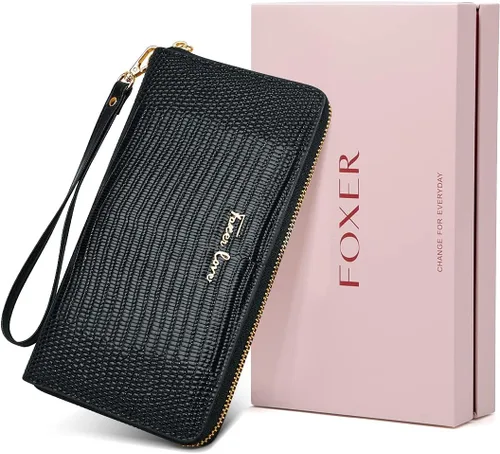 Vista 7 de Carteras de embrague para mujer monederos de cuero de vaca divididos con pulsera Negro talla única