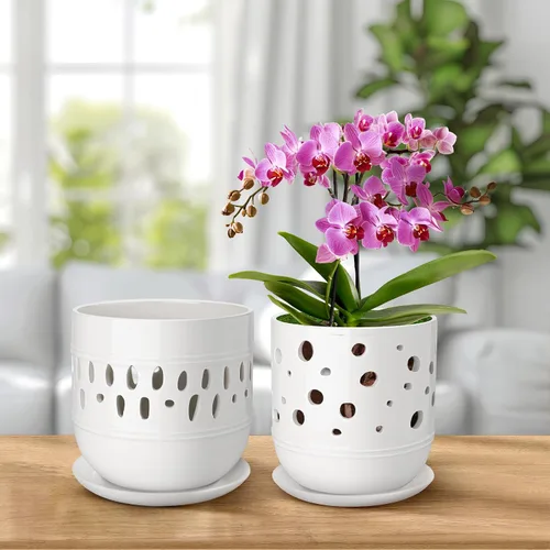 Vista 6 de Macetas para orquídeas LITUDISO, 5+6 pulgadas, blancas, de cerámica, aireadas, para interior/exterior, 7 pulgadas de ancho/altura, paquete de 2