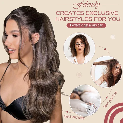 Vista 6 de FELENDY Extensión de cola de caballo, extensiones de cabello rizado ondulado de 18 pulgadas para mujer, extensiones de cabello sintético con clip