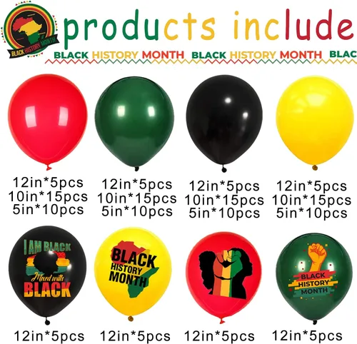 Vista 2 de Juego de guirnalda de globos para decoración de fiesta del mes de la historia negra, 157 unidades, globos de látex negros, rojos, verdes, amarillos