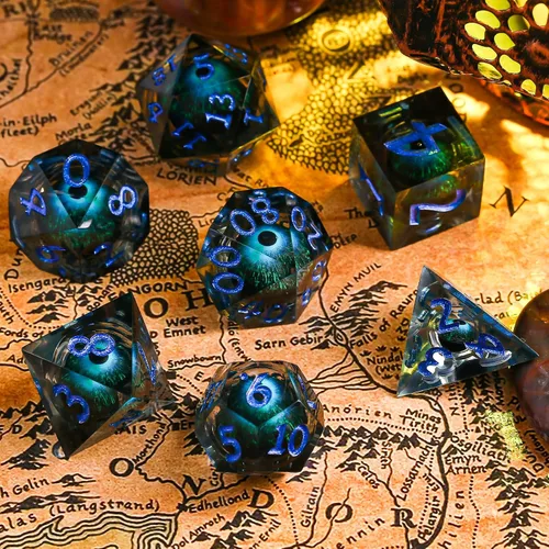 Vista 5 de Dados de Borde Afilado DND, Set de Dados de Ojo DND, Dados de Ojo de Dragón de Núcleo Líquido para Juegos de Mesa de Rol