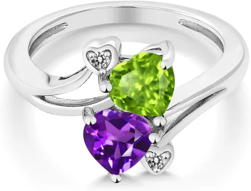 Vista 2 de Gem Stone King 1.51 Ct Heart Shape Purple Amethyst Green Peridot 10K White Gold Diamond Accent Ring (Available 5,6,7,8,9)