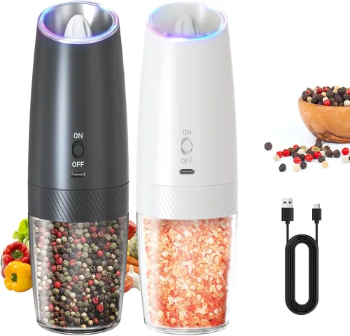 Vista 9 de CIRCLE JOY Gravity - Juego de molinillo eléctrico de sal y pimienta con luz LED, funciona con pilas, grosor ajustable, gran capacidad